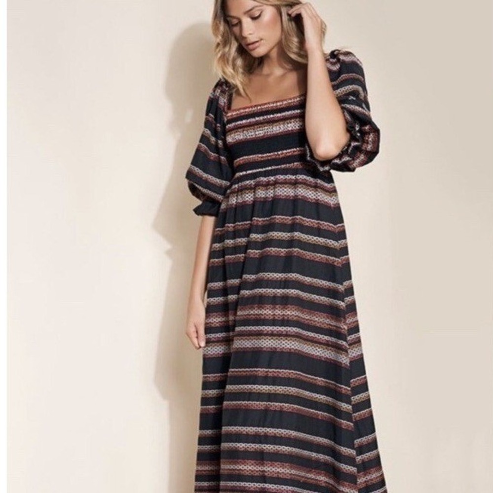 Hutch Embroidered Smocked Maxi Dress Black Red Orange Puff Sleeve Womens S 10219